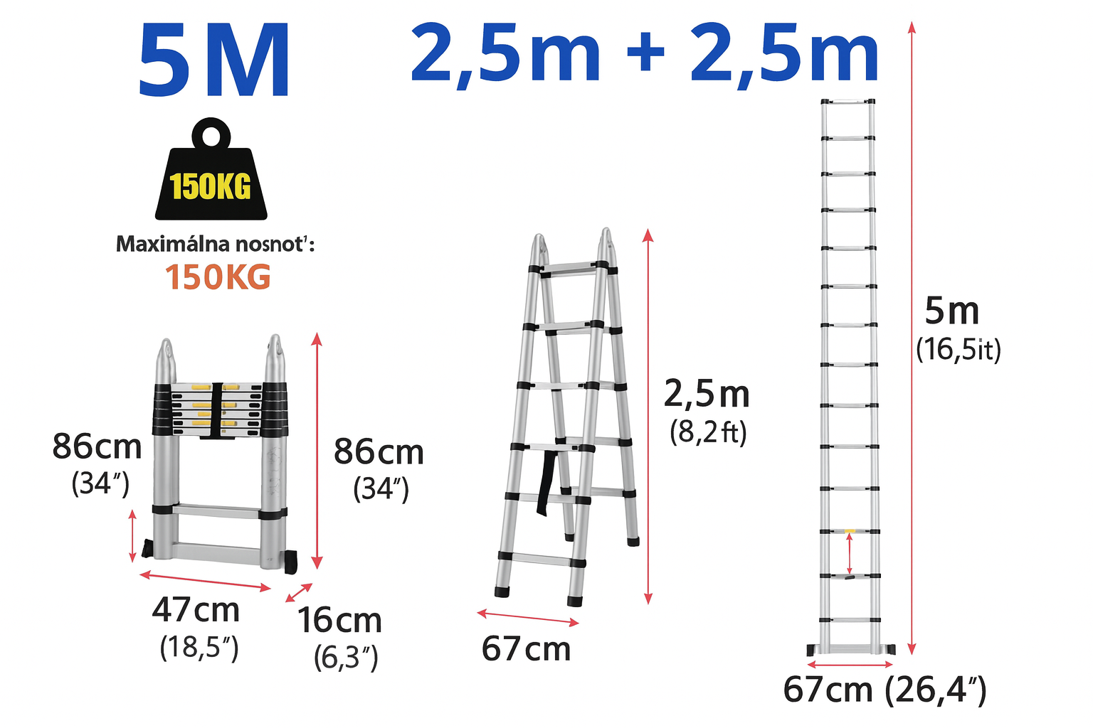 5M teleskopický hliníkový rebrík